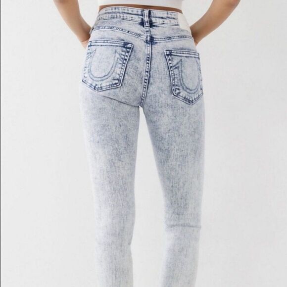 True Religion Halle High Rise Super Skinny Acid Wash Raw Hem Jeans - Picture 3 of 16